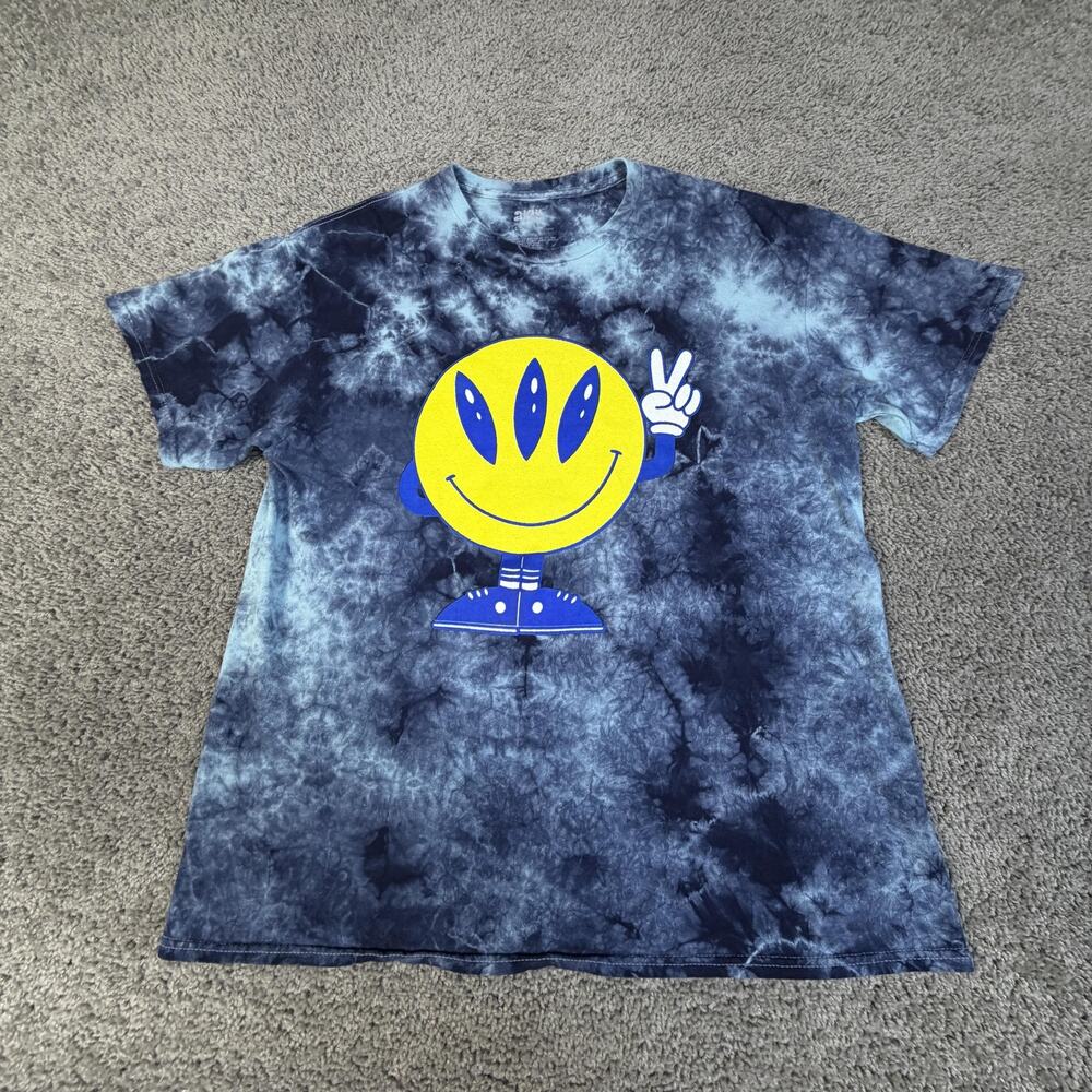ALAB Shirt Mens L Blue Smiley Face Tie Dye Graphic Crew Neck Cotton Tagless